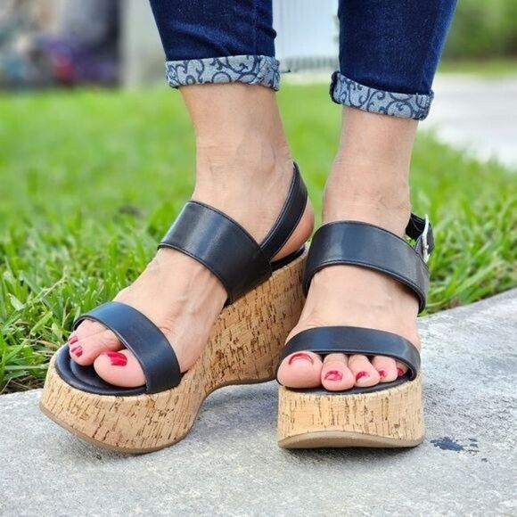 Shoes - Women's High Platform Ankle Strap Wedge Black Color